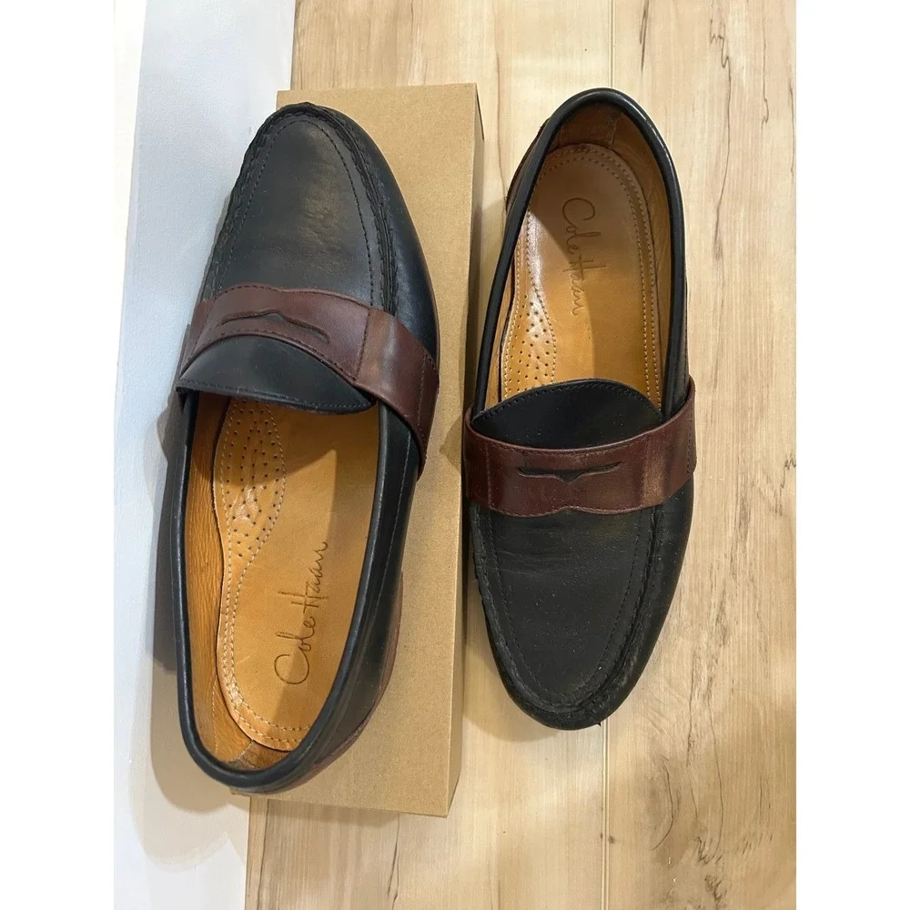Cole Haan Mens Black‎ Brown Leather Penny Loafer Shoes 9.5 Slip-Ons Minimalist